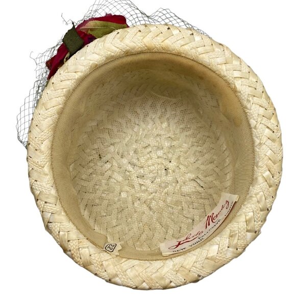 Vintage 60s Lucila Mendez Veiled Hat with Rose Straw Leaves Ladylike Derby main image 6